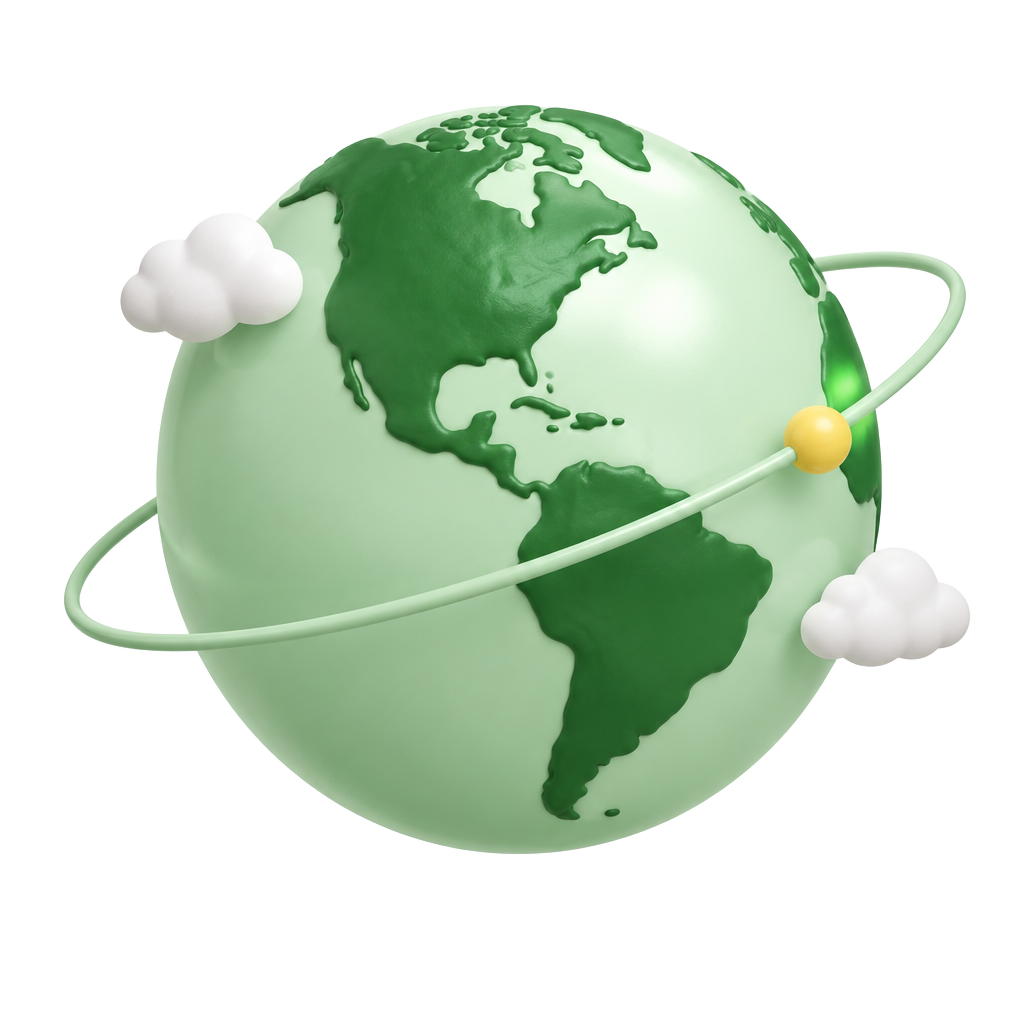A green globe with a golden moon and little white clouds